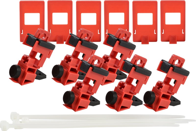 Brady Taglockâ„¢ Circuit Breaker Lockout Devices - 120/277 Volt Clamp-On Single-Pole Breaker Lockout Device with Detachable Cleat, No Lock Needed - Red - 148698 (Pack of 6) - Image 1